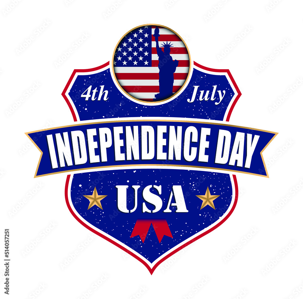 4th July Independence Day of the United States of America with the USA Flag and Statue of Liberty in the Circle Shape on the Shield Vector. Included are two stars on either side of the USA.