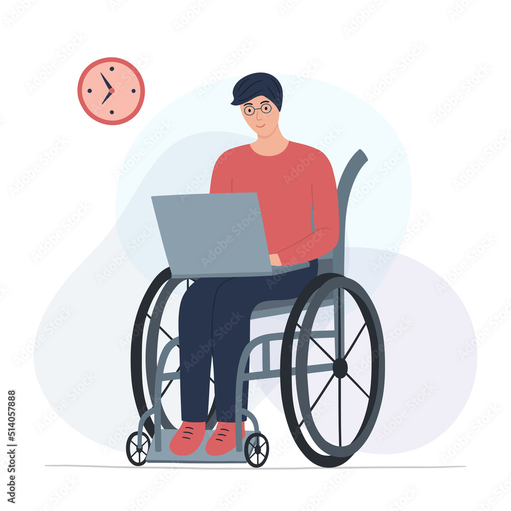 Cartoon man in a wheelchair with a laptop. Work from home. Vector illustration in a flat style Cartoon man in a wheelchair with a laptop. Work from home. Vector illustration in a flat style