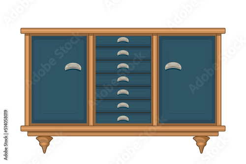 Chest of drawers isolated on white background. Blue wooden commode on little legs.Piece of bedroom furniture and home interior. Dresser or console table for bedroom and living room.Vector illustration
