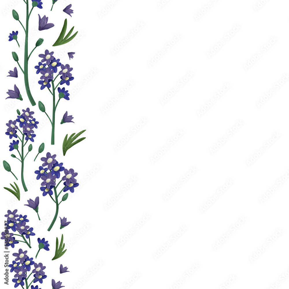 Vertical floral border with violet flowers and tiny leaves. Save the date card template. Summer botanical wreath isolated on white invitation frame. Vertical floral border with violet flowers and tiny leaves. Save the date card template. Summer botanical wreath isolated on white invitation frame.