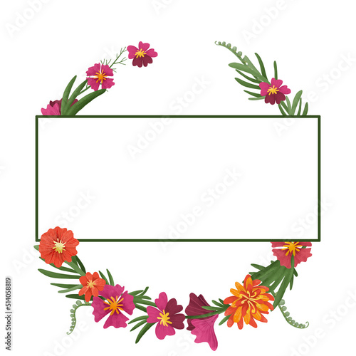 Floral wreath with orange and pink flowers isolated on white. Floral round frame. Botanical frame template for wedding invitations, decor