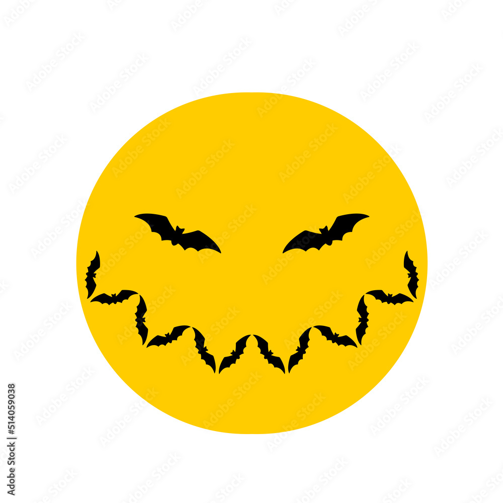 Smiling moon. Black silhouette of bats on the background of the yellow moon. Flat vector illustration.
