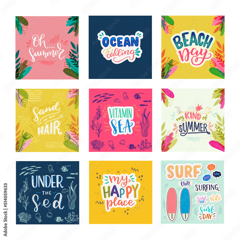 Set of square cards with hand lettering inscriptions about summer. Hand written summertime phrases Sand In My Hair, Beach Day, Under The Sea, Vitamin Sea, Ocean Is Calling, My Happy Place, Surf Day Set of square cards with hand lettering inscriptions about summer. Hand written summertime phrases Sand In My Hair, Beach Day, Under The Sea, Vitamin Sea, Ocean Is Calling, My Happy Place, Surf Day