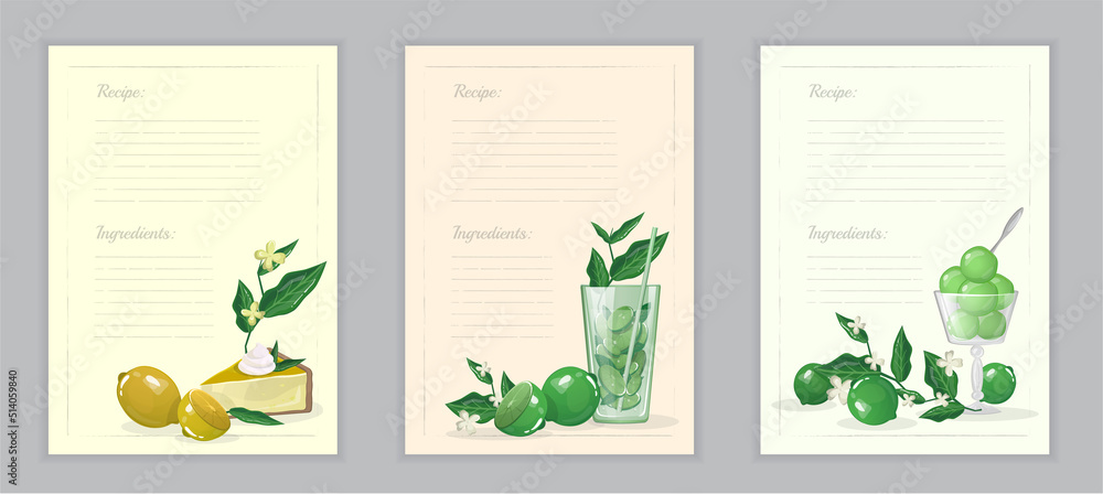 Collection of recipe cards or sheet templates for cooking notes and cooking ingredients. Blank recipe card. lemons, limes, lemon pie, mint ice cream