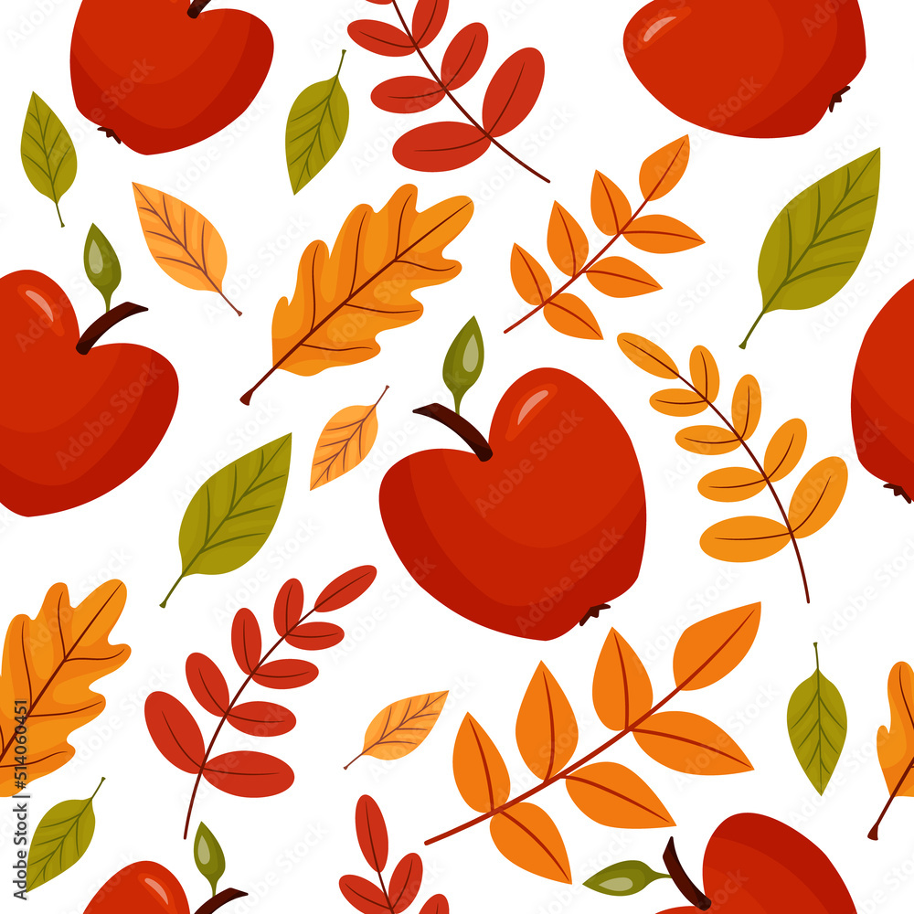 Fototapeta premium Cartoon seamless autumn pattern with leaves and apples. Beautiful texture for textile, paper print, scrapbooking or wallpaper. Vector illustration.