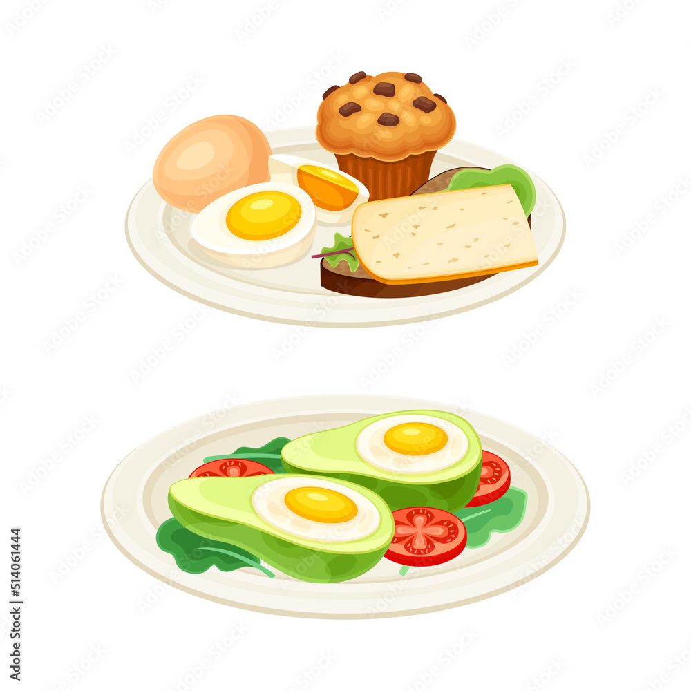 Tasty Dish with Eggs Served on Plate as Savory Breakfast Meal Vector Set Tasty Dish with Eggs Served on Plate as Savory Breakfast Meal Vector Set