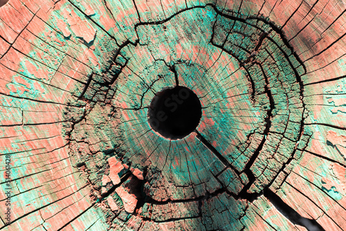 Wooden stump with annual rings, texture with cracks and a hollow in the center