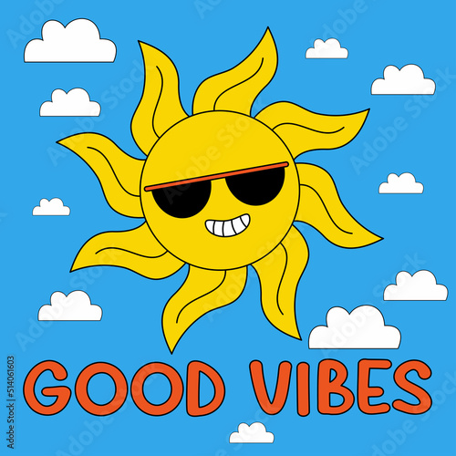 Funny cartoon character. Groovy element funky sun in dark glasses on sky with clouds. Vector illustration trendy retro cartoon style. Good vibes. Comic element for sticker  square poster  card.