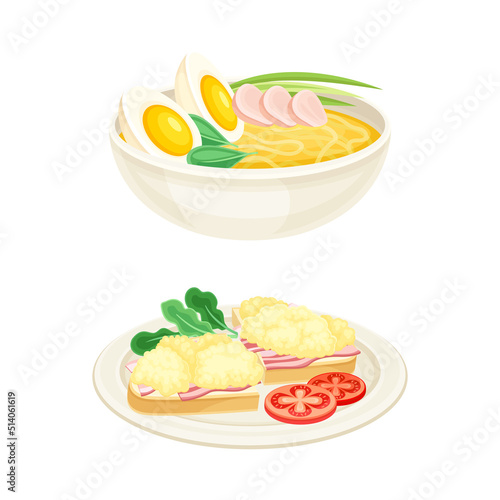 Tasty Dish with Eggs Served on Plate as Savory Breakfast Meal Vector Set
