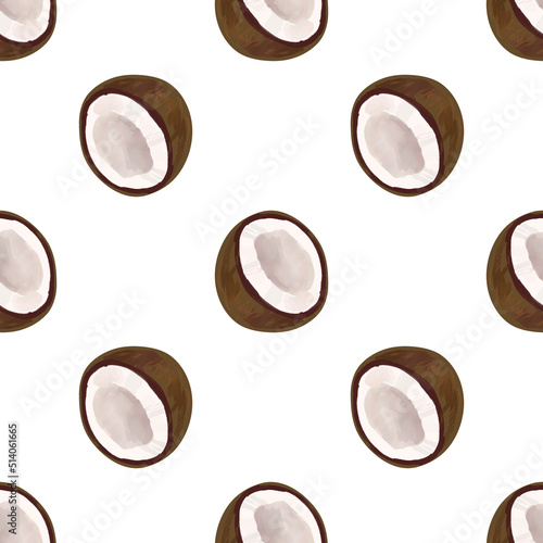 Seamless pattern with iIllustration of a coconut on a white background