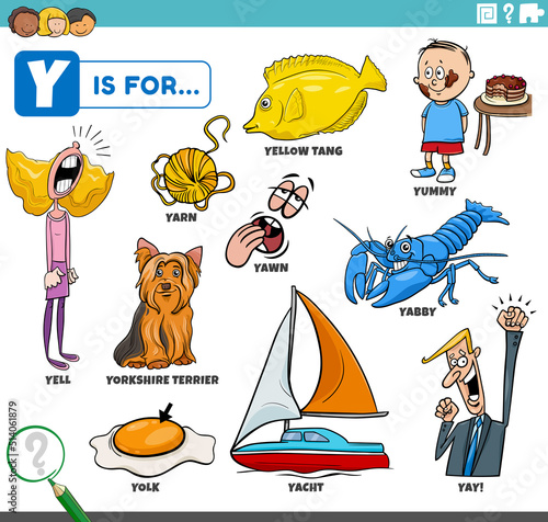 letter y words educational set with cartoon characters