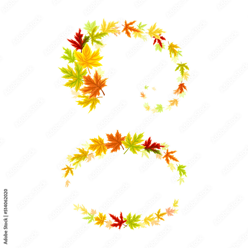 Maple Palmate Leaves of Bright Autumn Colour Arranged in Decorative Swirling Line and Oval Shape Vector Set Maple Palmate Leaves of Bright Autumn Colour Arranged in Decorative Swirling Line and Oval Shape Vector Set
