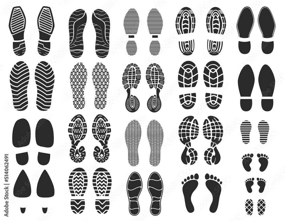 Shoe footprints, foot prints of sole and boot steps, vector silhouettes.  Shoe footprint tracks or human feet sole or boots imprints and barefoot  footsteps, marks or sneakers and flip-flop sandals Stock Vector