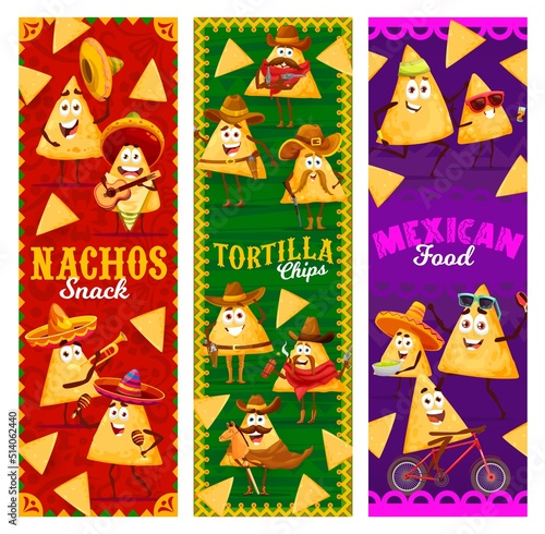 Cartoon mexican nachos chips characters and personages. Vertical vector banners with funny mariachi and cowboys tex mex snacks playing instruments, wear sombrero and guns, relaxing, sport or party fun