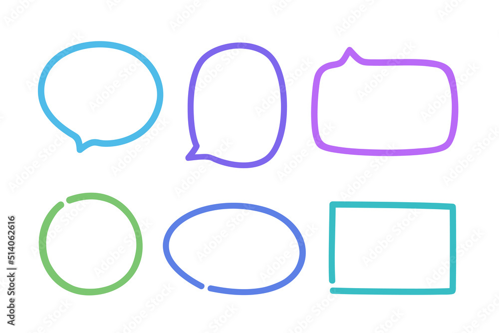Hand drawn colored speech bubbles. Set of freehand sketchy objects. Elements are drawn in a linear style. Colorful illustration Hand drawn colored speech bubbles. Set of freehand sketchy objects. Elements are drawn in a linear style. Colorful illustration