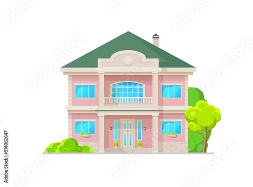Suburban home building exterior with balcony and columns, residential neighborhood. Vector luxury house, cottage in classic style, architecture with marble pillars. Real estate mansion cartoon facade
