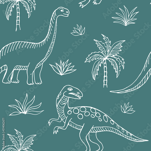 Dinosaurs seamless pattern. White line on green background. Vector illustration.
