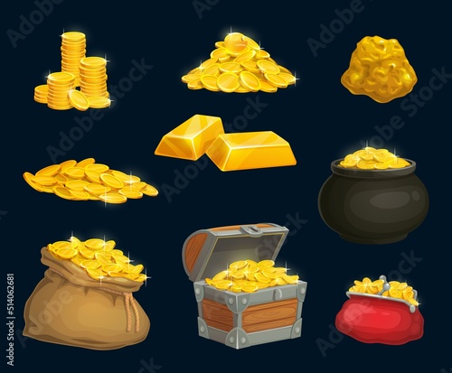 Cartoon golden coins, nugget, chest and wallet, bag and pot of gold game asset. Pirate treasure, sparkling gold pieces, vector isolated fantasy game mobile application ui elements. Cash money bonus