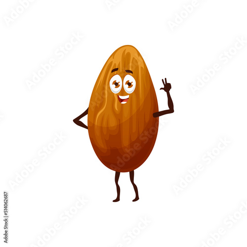 Happy almond nut character, cheerful cartoon vector kernel with funny smiling face waving hand. Isolated plant personage kids menu. Almond seed positive emotions, rejoice, natural vitamin food