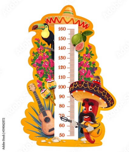 Kids height chart with Mexican chili pepper, flowers and toucan. Growth meter and stadiometer vector ruler wall sticker with scale, cartoon character with guitar and maracas, cactus and toucan bird