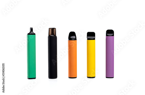 Set of colorful disposable electronic cigarettes of different shapes on a white background. modern smoking.