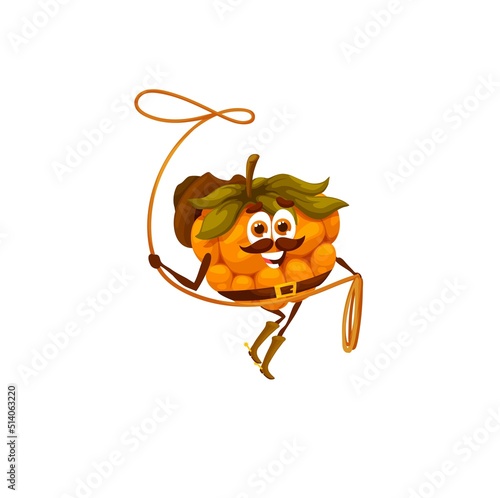 Cartoon cloudberry cowboy character with lasso, vector western or wild west personage. Happy nordic berry fruit rodeo cowboy with brown leather hat and shoes with spurs throwing lasso or rope loop