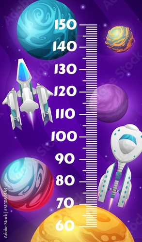 Kids height chart ruler, cartoon space planets, starship and star craft, vector measure meter scale with galactic rocket shuttles and cosmic spaceships in space, planets and asteroids