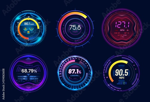 Car speedometer gauges with neon light panel and dials, vector dashboard indicators on tachometer. Speed meter mph gauges in blue purple neon with loading bars, battery, fuel and velocity level scales