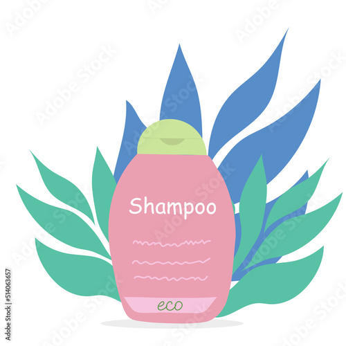 Hair care products shampoo on tropical background. Vector illustration