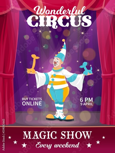 Chapiteau circus poster with cartoon clown on stage. Big top circus show, balloon sculpture artist performance vector banner, poster with comedian, jester or mime character illuminated with spotlights
