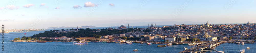 Beautiful panorama of historical city of Istanbul from Galata Tower. Historical peninsula of Istanbul.