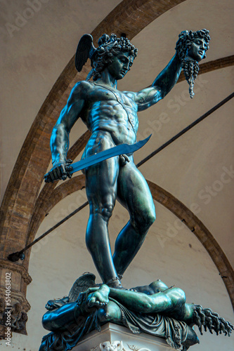 Perseus with the Head of Medusa bronze sculpture by Benvenuto Cellini in Piazza della Signoria, Florence, Italy.