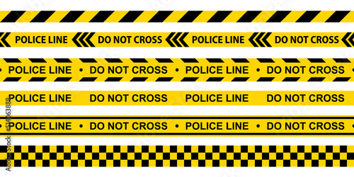 Caution tape set. Police line and do not cross ribbons. Yellow warning danger tapes. Abstract warning lines for police, accident, under construction. Horizontal seamless borders. Vector illustration © Volha