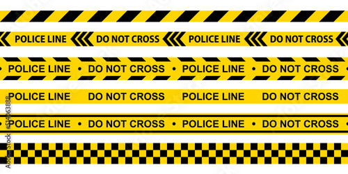 Caution tape set. Police line and do not cross ribbons. Yellow warning danger tapes. Abstract warning lines for police, accident, under construction. Horizontal seamless borders. Vector illustration