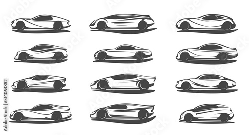 Futuristic car, supercar vehicle or future automobile vector linear icons. Super car or sportcar and concept car, automotive technology transport in wave line design, auto and race motor vehicles