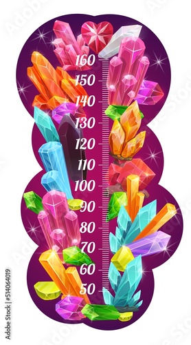Kids height chart meter with magic crystals and gems. Kids height measure meter with precious gem stones and fantasy minerals. Children growth measure ruler or child height meter vector wall poster