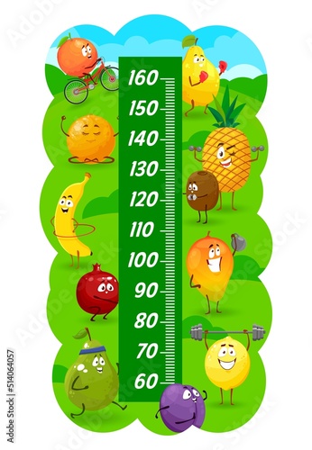 Kids height chart of fruits in sport competition and fitness. Growth measure meter vector ruler scale with funny cartoon mango, orange, pineapple, lemon characters, stadiometer with fruity personages