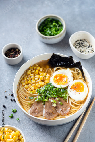 Ramen bowl with egg, meat and nori. Asian cuisine food