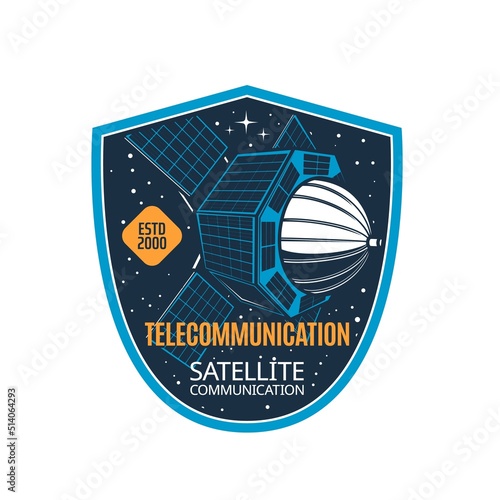 Telecommunication satellite vector icon of space stars and artificial satellite with solar panels. Isolated shield badge of communication technology, radio broadcasting, internet and television design