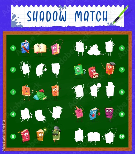 Bestseller books, textbooks cartoon characters, shadow match game, vector worksheet. Puzzle riddle to find correct shadow of cartoon book teacher or schoolbook with bookmark in graduation hat