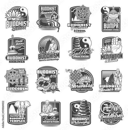 Buddhism religion and Buddhist signs of meditation and Zen signs, vector. Buddhism religious symbols of Yin Yang, swastika, lotus and Dharma wheel, Buddhist practice school and temple shrines