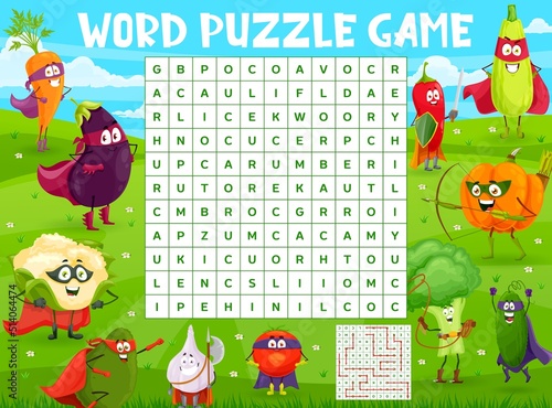 Cartoon vegetable superhero characters on word search puzzle game worksheet. Kids quiz grid, educational puzzle or kindergarten child vector game or riddle with vocabulary, alphabet learning activity