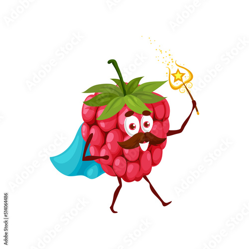 Funny raspberry magician in hat cartoon character. Funny berry character with mustaches wearing cape. Fairytale wizard raspberry mascot, berry cartoon vector personage casting spell with magic wand