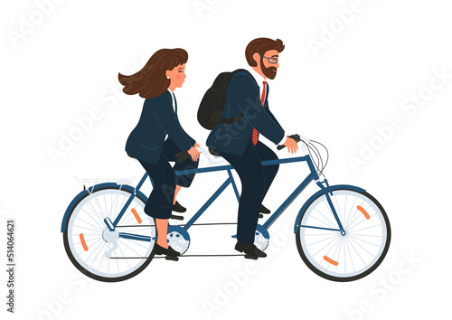 Woman and man business team on twin bicycle. Businesswoman and businessman cycling tandem in formal clothes. 