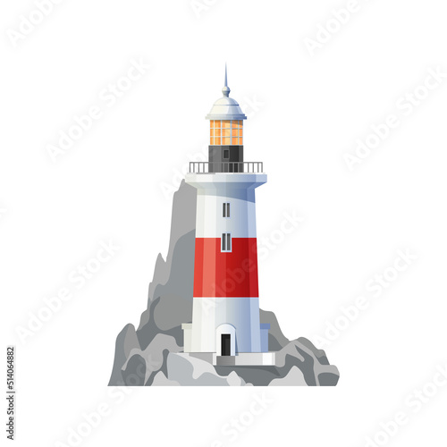 Sea lighthouse no rocky shore icon. Nautical beacon tower, vector navigational lighthouse lantern. Tourism and travel symbol, navigation safety lighthouse building on rocky ocean shore