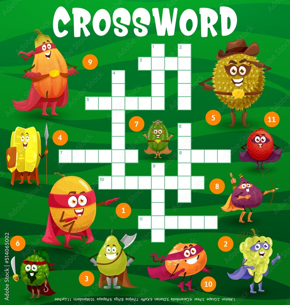 Superhero fruits crossword puzzle game grid. Children word puzzle