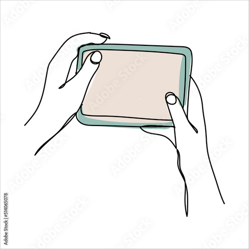 Continuous one line drawing of a hand holding a phone or smartphone. Mobile phone, technology, gadget, communication, device, telephone, display, electronic, hand, smartphone, palm Vector 