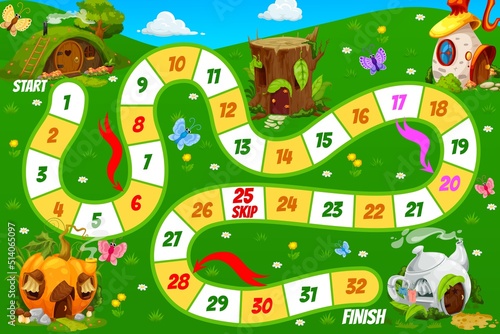 Cartoon board game. Elf, teapot, mushroom, pumpkin and stump houses. Kids roll and move game, children dice game vector worksheet or child playing activity with fairy hut dwellings, fantasy homes