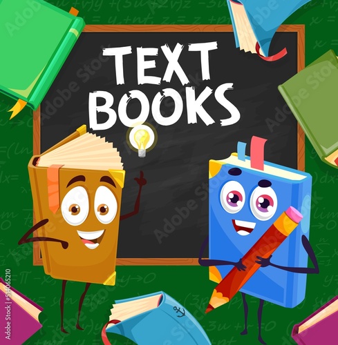 Cartoon textbook characters at school board, books with faces, vector poster. School library or kids education bookstore and literature bookshop, funny books at school blackboard or chalkboard