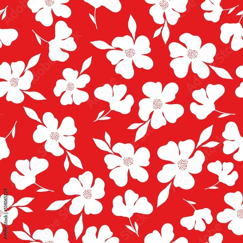 Simple vintage pattern. White flowers and leaves. Red background. Fashionable print for textiles and wallpaper.